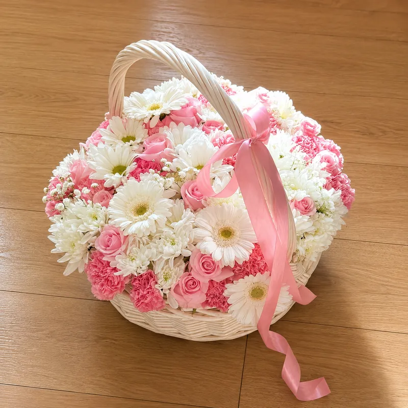 Blush Basket — a floral basket in blush pink and white tones