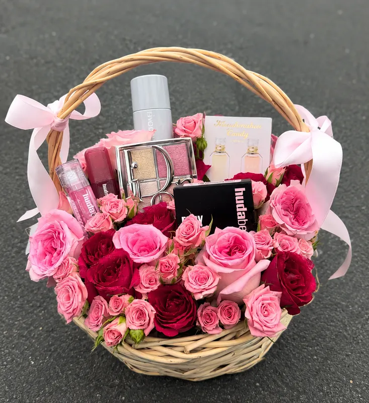 Princess Treatment Basket — a pink rose gift basket with beauty add-ons tucked among the flowers