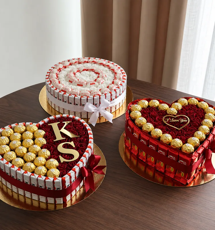Luxury Chocolate Gift Cake — heart and round chocolate arrangements finished with roses and ribbon