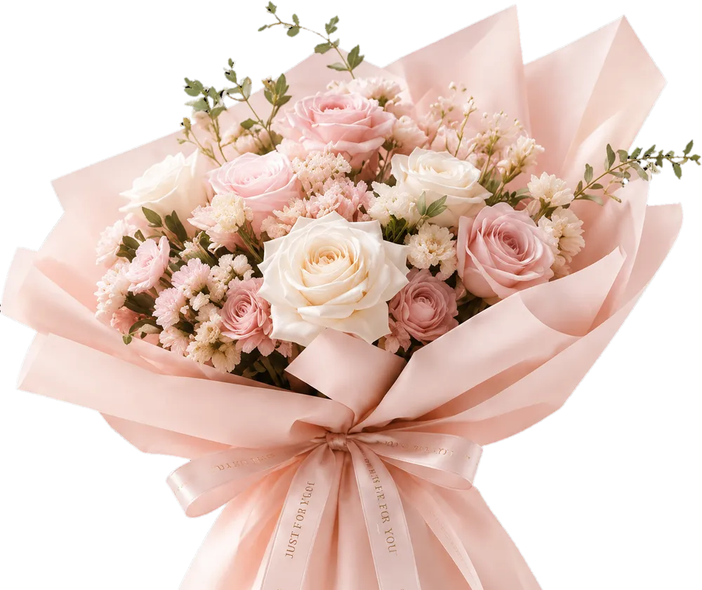 A handcrafted bouquet of blush and white roses and peonies wrapped in blush paper, tied with a satin ribbon